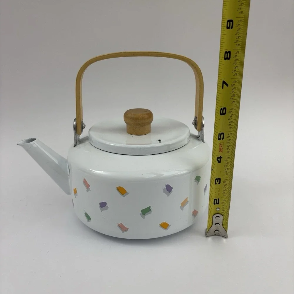 90s Teapot Saved By‎ The Bell Wood Handle Enamel Vintage Confetti Design